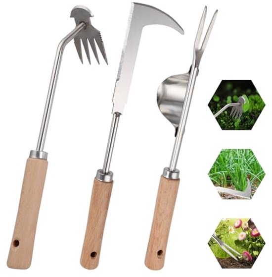 3-Pack Handonkruidgereedschap met Ergonomisch Houten Handvat - Draagbare Onkruidverwijderaar van Roestvrij Staal voor Tuin en Terras van Vounot