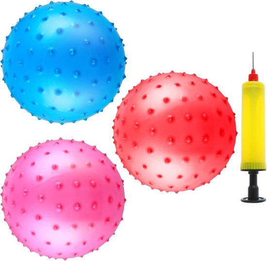 3 Pcs Stud Ball - 20cm Inflatable Yoga Ball - Grumpy Balls - Massage - Stress Balls met Air Pump - Indoor Outdoor Beach Playground Backyard Pool Games (Red Blue Pink) van Merkloos	