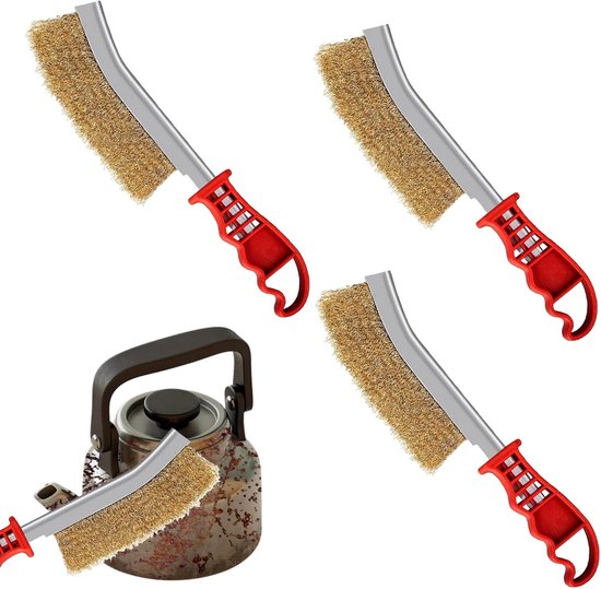 3 Pieces Grill Borstel - Messing Handborstel Set - RVS Borstel met Gebogen Plastic Handvat voor Schoonmaken van Verf en Roestresten van VONROC