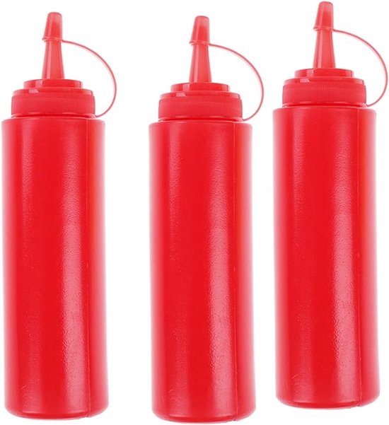 3 STKS Rode Squeeze Saus Fles 13 oz - Kruidingsflessen - Plastic Squeeze Dispensers met Caps - Kruiden Opslag Container - Meetflessen voor Keuken van Merkloos	
