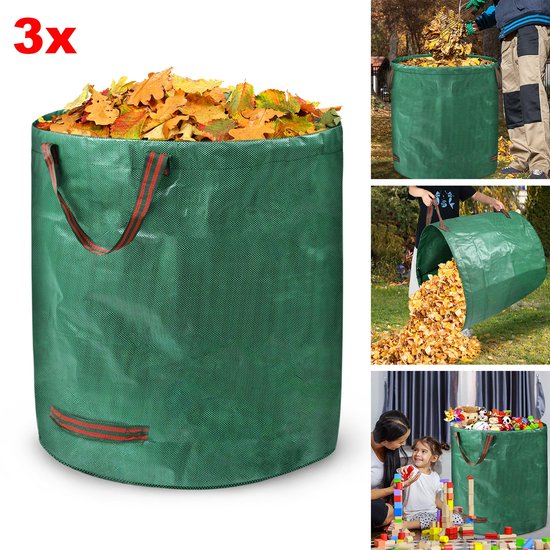 3 Stuk 272L Tuinafvalzak,Tuinzak,Bladzak,Tuinzakken, 150 g/m², Dubbele bodem,UV-bestendig, waterdicht,opvouwbaar, herbruikbaar, voor bladeren en groensnijden, tuinafval van Glorytec