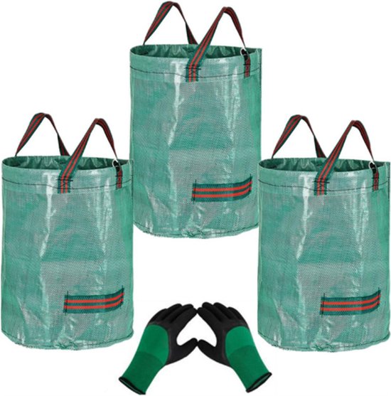3 Stuks 272L Heavy Duty Tuinafvalzakken Met Handgrepen - Herbruikbare Grote Tuin Vuilniszakken H76xD67cm - Inclusief 1 Paar Tuinhandschoenen - Gras Bladeren Snoeiafval Zakken van Glorytec