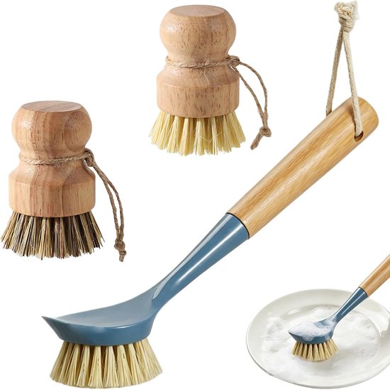 3 stuks afwasborstel, afwasborstel, hout, rond | Borstel met lange bamboe, paddenstoelborstel, natuurlijk sisal voor servies, potten, pannen, groenten, gootsteen