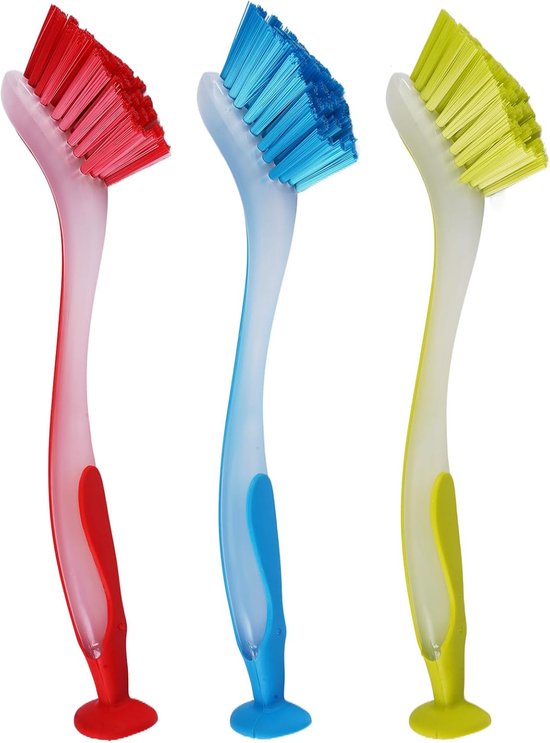 3 Stuks Afwasborstel met Antislip Handgreep, 26×3,5cm | Afwasborstels met Zuignap, Lange Afwasborstels Zuignap Handvat Ergonomische Scrubber voor Moeiteloze voor Scholen, Borden