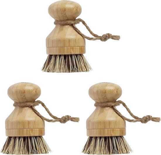 3 stuks bamboe handpalmborstel, afwasborstel van bamboe, duurzame afwasborstel, ronde keukenborstel, afwasborstel, palm, afwasborstel voor het reinigen van potten, pannen, borden en bestek