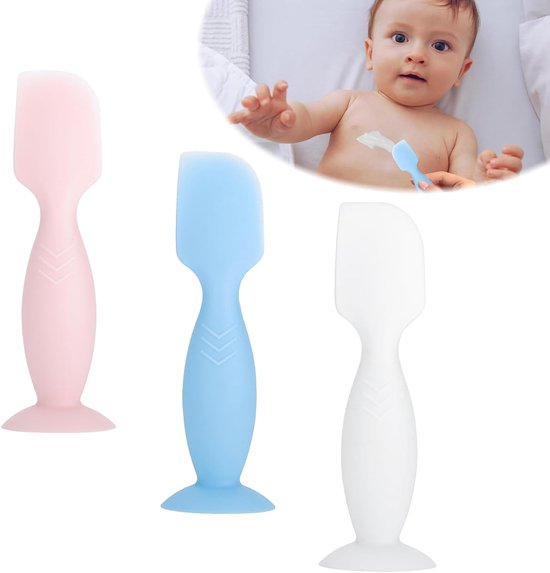 3 stuks Diaper Cream spatula (roze-blauw-wit) luiercrème applicator - siliconen luier rash crème kwast - zachte spatel voor baby billen en onderkant - met zuignapstandaard luiercrèmespatel van Merkloos	