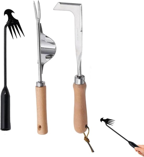 3 stuks handonkruidstekers met houten handvat, roestvrij staal, handmatige grasmaaier, handmatig onkruidwiedapparaat voor graven wieden, tuingereedschap worteljager voor gazon, onkruidwieder