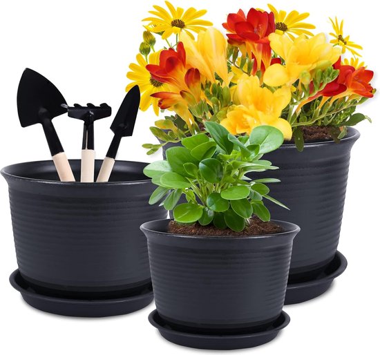 3 stuks kunststof bloempotten, plantenbakken met afwateringsgat 3 maten 15 cm, 18 cm, 21 cm, dikke groeiende plantenpotten, bloempotten plantenpot voor bloemen en planten (zwart) van Merkloos	