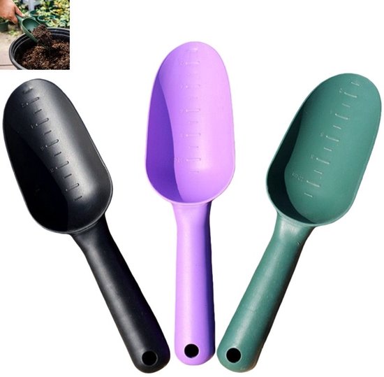 3 stuks - Plastic tuinschep - Kunststof tuinschep - plantenschep - dierenvoer schep - voor grond, planten, graven, verplanten - zwart+groen+paars - 25×6.5cm van Merkloos	
