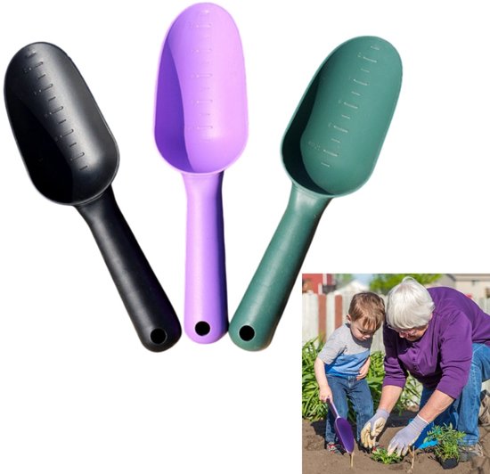 3 stuks plastic tuinschep - Multifunctioneel: graven en verplanten - Schep om de grond los te maken - Schep voor op het strand en om huisdieren te voeren - 25*6,5*12 cm - Geschikt voor tuinieren, planten en spelen op het strand - Groen, paars, zwart van Merkloos	