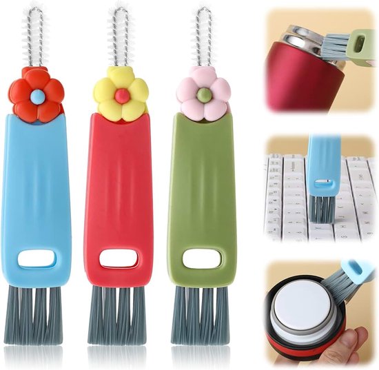 3 stuks reinigingsborstels, bloemen, 3-in-1 cup, reinigingsborstel, mooie flesdeksel, borstel, flessendekselborstel, waterflesborstels, multifunctionele bekerdeksel, openingsborstel