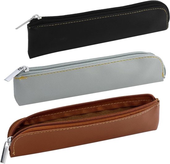 3 stuks slanke pennenetui van PU-leer met ritssluiting, 3 kleuren, esthetisch etui, draagbare etui met ritssluiting, PU-lederen pennenetui, voor cosmetica, pennen