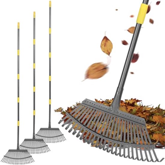 3 Stuks Tuinharken - 73 Inch Lange Roestvrijstalen Harken voor Bladeren met Verstelbaar Handvat - Perfect voor Tuinieren van Merkloos	