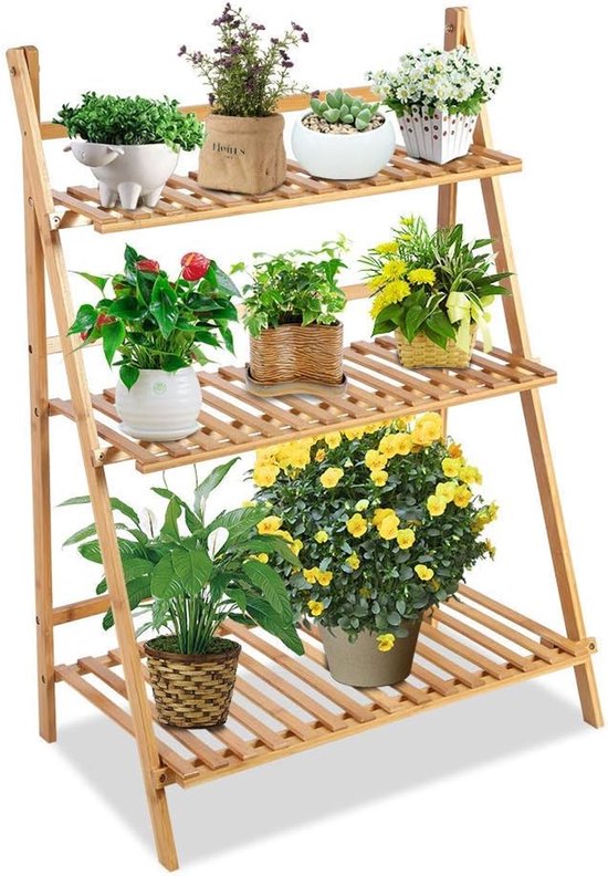 3 Tier Ladder Bloemstandaard - Bamboe Bloem Display Stand - Scheve Ladder Plantenladder Outdoor voor Balkon - Woonkamer - Tuin - Patio - Decoratie - Meubel van Merkloos	