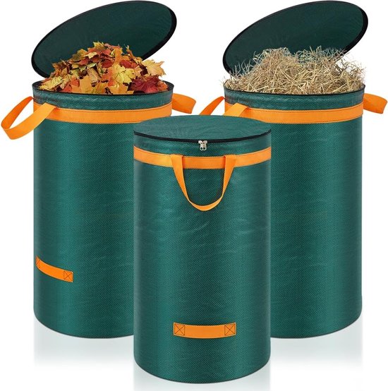 3 tuinafvalzakken, 120 liter, bladzak, tuinzak met deksel en handgrepen, grote, stabiele tuinzakken, bladverzamelaar, zelfstaande afvalzak, stabiele groene snijzakken voor gras, bladeren van Glorytec