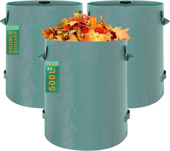 3 x 500 L tuinafvalzakken, zelfstaand, weerbestendig, wasbaar, stevige tuinzakken, bladzak, tuinzak voor groenafval met handvatten voor gemakkelijk gras, bladeren, haagafval van Norjews