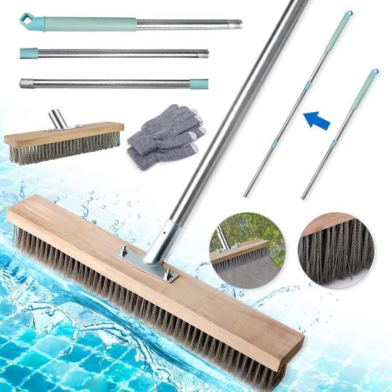 30 cm draadbezem met steel voor het verwijderen van mos - roestvrij staal - voor terras, dek, tuin, douche, muur, garage van Merkloos	