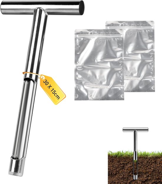30 cm T-Vormige Grondmonster Probe - RVS met Wanddikte - Inclusief 2 Herbruikbare Monsterzakken voor Grondmonsters - Tuin - Plantenzorg - Boerderij - Gazon van Easydig