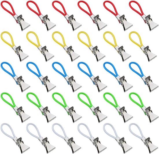 30 Pcs Tea Towel Clips - 5 Kleurige Metalen Pliers - Keuken Handdoek Hangende Clips - Geschikt voor Vakantiehuizen Strand Badkamer Schoonmaakdoeken Hangend aan Kasten Deuren van Merkloos	