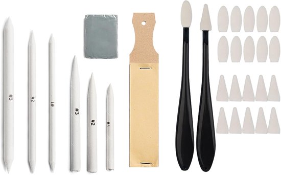 30 schetsen - tekengereedschapsset - schetswisser met 20 reservekoppen - puntenslijper van schuurpapier - kneedgum - tortillons - mengstompen van Merkloos	