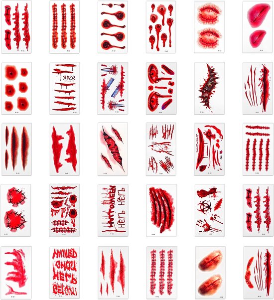 30 Sheets Halloween Scar Tijdelijke Tattoo - Horror Fake Bloedige Littekens - Realistische Waterdichte Halloween Tattoo Stickers voor Halloween Party Cosplay van IVSUN.