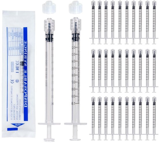 30 Stuks Luer Lock Spuiten 0.5ml met Doppen, Individueel Steriel Verpakt, Plastic Spuiten voor Vullen en Meten van Vloeistoffen in Laboratoria