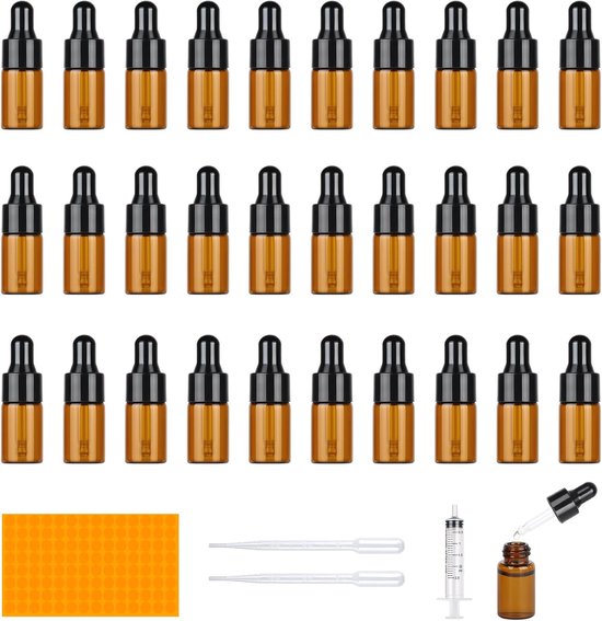 30 Stuks Mini Pipetfles - 3ml Amber Glazen Pipetflessen - Herbruikbare Druppelflessen voor Etherische Oliën - Apothekersfles met 2 Pipet en 1 Spuit van Merkloos	