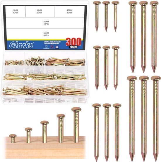 300 stuks 20/30/40/50/60 mm Baksteen-staalnagels Verzameling - Gekleurde Gegalvaniseerde Betonwandnagels voor Foto's Ophangen en Houtbewerking - Cementnagels Geschikt voor Gipsplaat en Renovatiewerken