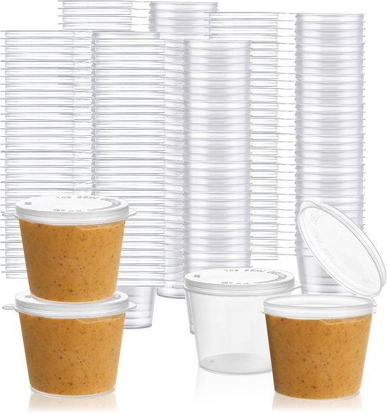 300 stuks 25 ml kleine blikjes met deksel - plastic herbruikbare bewaardozen - kleine plastic dozen voor sauzen dips en specerijen van Merkloos	