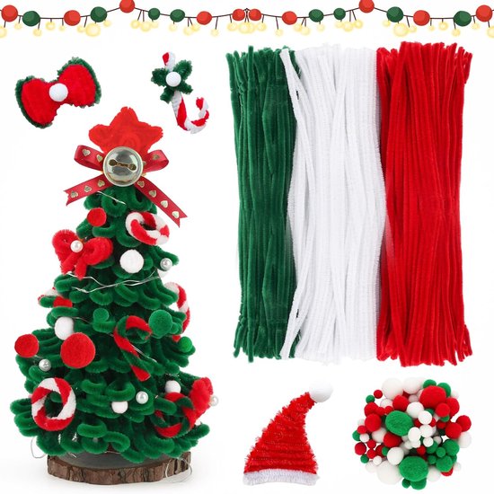 300 stuks kleurrijke pijpenragers - kerstpijpenragers om te knutselen - set met pluche ballen - 30 cm lange chenilledraad - pijpreiniger voor Kerstmis - knutselen - decoraties (rood - groen - wit)