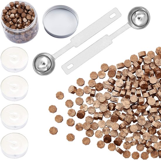 300 stuks Octagon Sealing Wax Beads Sticks met 4 stuks theekaarsen en 2 stuks Wax Melting Spoon voor het verzegelen van waxstempels - brons - verzegel stempels - waxen van Merkloos	