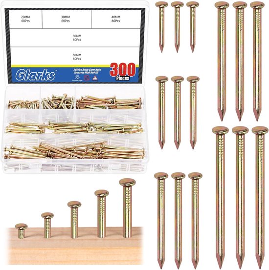 300pcs 20/30/40/50/60MM Brick Steel Nails Assortment Kit - Gekleurde Gegalvaniseerde Betonnen Wandspijkers voor Foto's Ophangen en Houtbewerking - Cement Spijkers Geschikt voor Gipsplaat en Renovatiewerken van Merkloos	