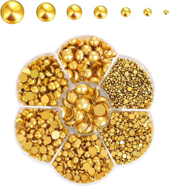 3100 stuks halfronde parelkralen voor nagelambacht, gouden platte halve parels kralen gemengd 7 maten (2/3/4/5/6/8/10 mm) ambachtelijke pareledelstenen voor doe-het-zelf nagelkunst make-up schoenen van Merkloos	