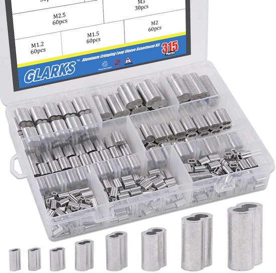 315-Piece 8 Sizes Aluminum Shrink Loop Sleeve Double Barrel Sleeve voor Wire Cable en Cable Line End Assortiment Kit - M1.2-M6 van Glarks