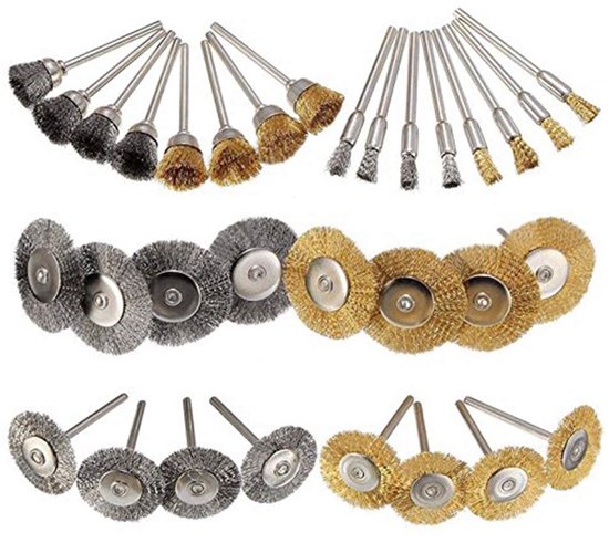 32Pcs Wire Brush Wheel Cup Brass Stainless Steel Wire Brush Polishing Wheels Full Kit Set for Dremel Rotating Tools Cleaning Buffing Accessories van Merkloos	