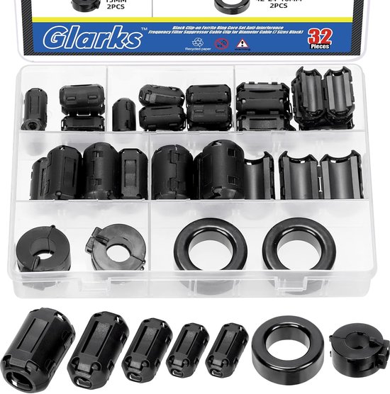 32pcs Zwarte Clip-on Ferriet Ringkern Set - Inclusief 28pcs 3.5/5/7/9/13MM Binnen Diameter Kabelclips - RFI EMI Geluidonderdrukker Kabelclips - 2pcs 42 x 24 x 16MM Toroïdale Kernen - 2pcs 15MM van Merkloos	