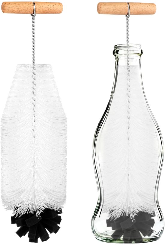 35 cm borstel voor glazen en sodastreamflessen, zachte sponsborstel en harde borstelharen, krasvrije reiniging, compatibel met frisdrankflessen, ideaal voor flessen en drinkflessen