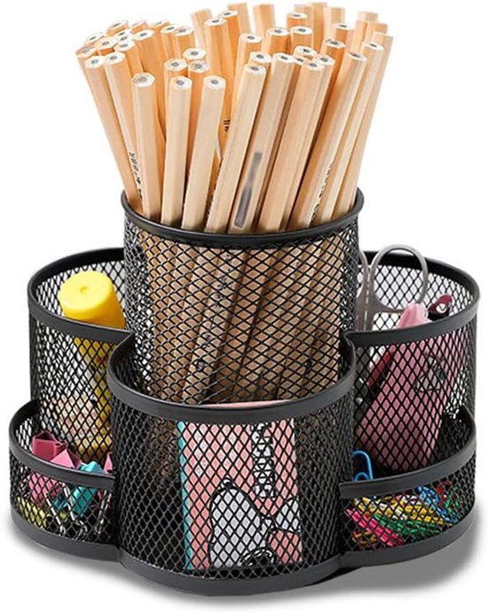360° rotatie multifunctionele pennenhouder, mesh desktopcaddy, roterende potloodhouder, hoge capaciteit, met antislip rubberen mat, 7 compartimenten, voor kantooropslag, kaptafel (zwart)