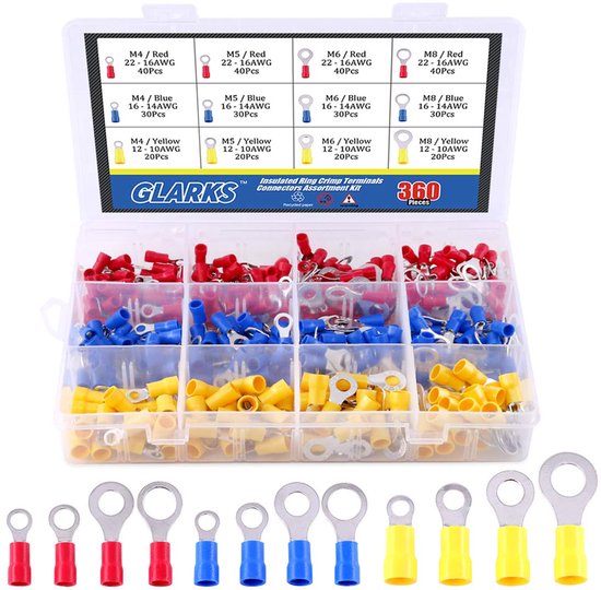 360pcs 22-16/16-14/12-10 Gauge Mixed Quick Disconnect Elektrische Geïsoleerde M4/5/6/8 Ring Crimp Terminals Connectors Assortiment Kit - Verbindingen - Accessoires van Merkloos	
