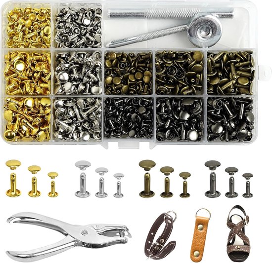 360pcs Leather Double Cap Rivets Set - Hollow Rivets - Metal Hollow Rivets - Tube Rivets - Replacement Rivets - DIY Rivets met Fixing Tools voor Reparatie van Merkloos	