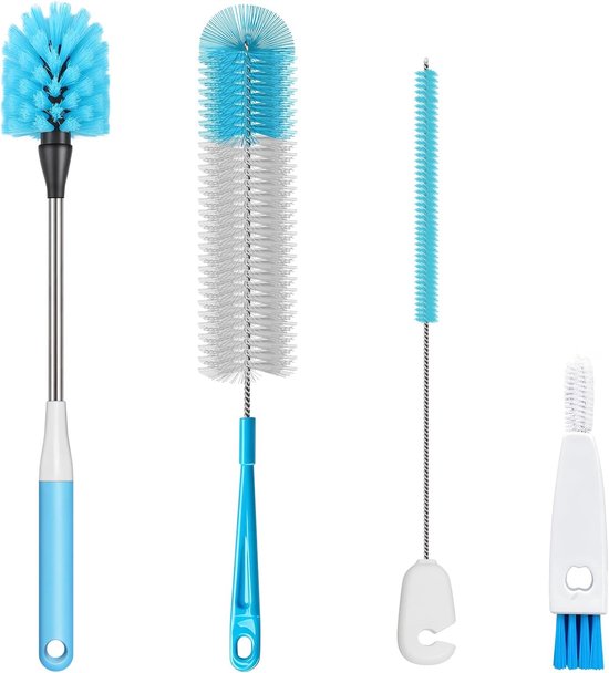 38 cm lange handgreep, reinigingsborstel, roestvrijstalen flessenborstel met rietjesborstel en dekselborstel voor het reinigen van wijnglazen, koffiekopjes, bekers en wijnkaraffen (4)