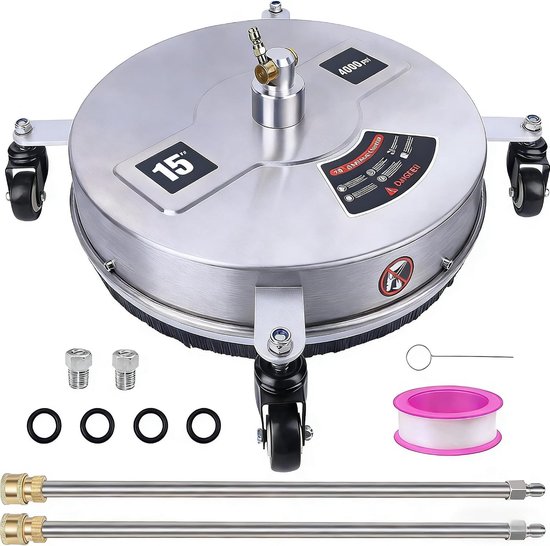 39 cm 15 inch hogedrukreiniger met 4 wielen, roestvrijstalen behuizing en 1/4 inch snelkoppeling, hogedrukreiniger-opzetstuk met 2 verlengstaven, 2 reservemondstukken, 4000 psi