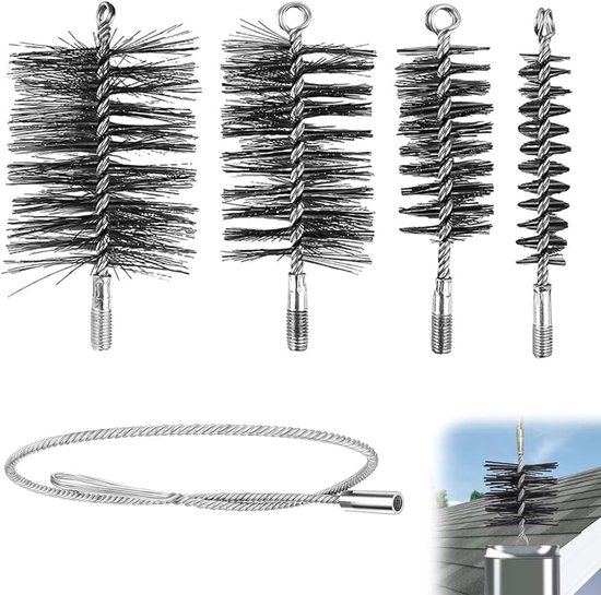 4-delig, met 30/50/80/150 mm borstels, incl. 1 m staaldraad en duwstang, schoorsteenbezem voor open haard, kachelpijp en rookkanaalreiniging