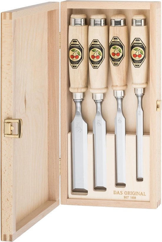 4-delige beitelset met houten handvat en kist voor houtbewerking
