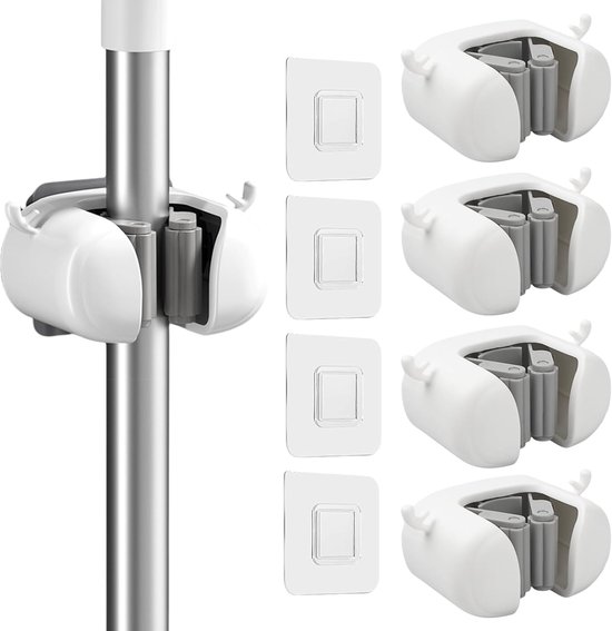 4-delige bezem- en dweilhouder, wandbezemrek met 8 haken, zelfklevende dweilhouder, bezemhouder voor het organiseren van bezems, zelfklevende bezemklemmen (wit) van Zeller Present