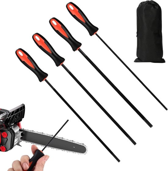 4-delige Ronde Vijlset voor Kettingzagen - Slijp- en Onderhoudsset met Handvatten en Opbergtas van Merkloos	