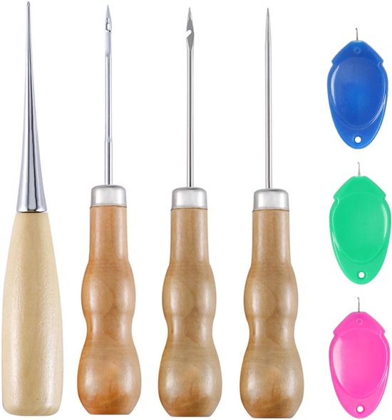 4-delige stansset met 3 naaldinrijgers - naaigereedschapsset - voorstekers met houten handvat - priem voor lederhandwerk - gebogen priem van Merkloos	