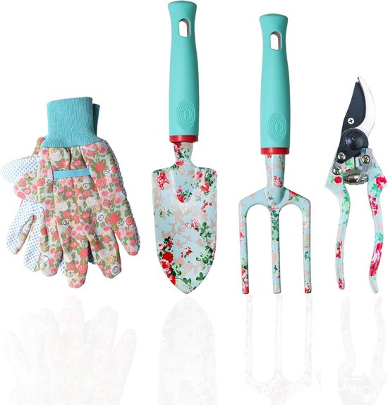 4-delige tuingereedschapset - bloemenprint snoeischaar troffel cultivator - cadeaus voor vrouwen tuinieren Moederdag verjaardag van Esschert Design