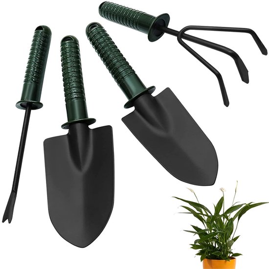 4-delige tuingereedschapset - Tuingereedschapset - Tuinschep - Plantgereedschap - Inclusief een handschep, plantenschep, onkruidverwijderaar en hark met antisliphandvat - Geschikt voor tuinen, gazons en boerderijen - Zwart
