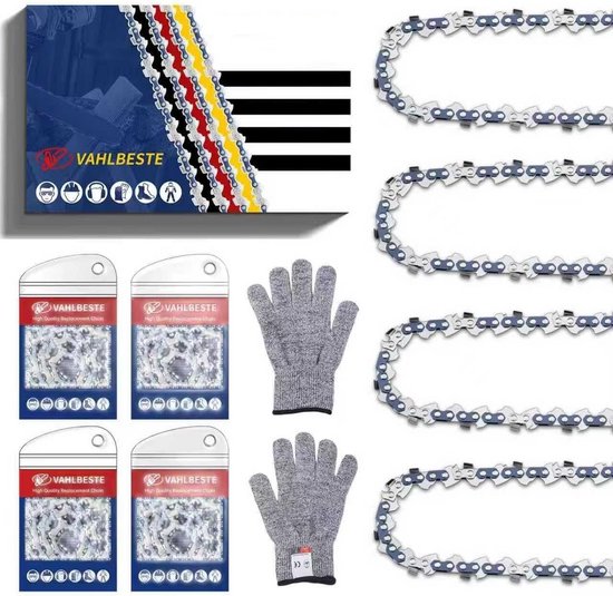 4-Delige Zaagketting Set - 3/8 Inch LP, 1.1 mm, 44 Schakels, 30 cm - Inclusief Handschoenen